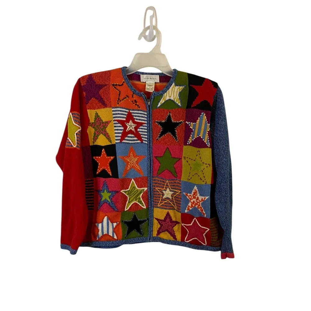 Susan Bristol Womens Patchwork Zip Cardigan Embroidered Vintage Multi Color L - Picture 1 of 5